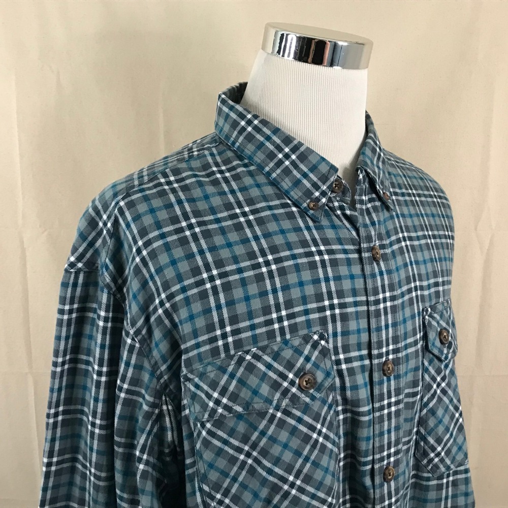 Duluth Trading Co 2XL Heavy Flannel Button Down Work Shirt Blue Gray Plaid